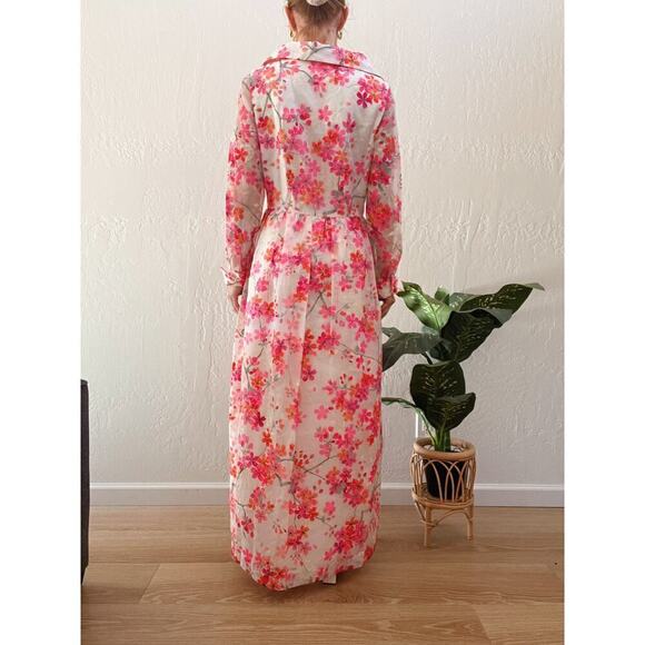 Vintage 1960's Designer Pink Floral Long Sleeve Button Up Maxi Dress - Picture 4 of 7